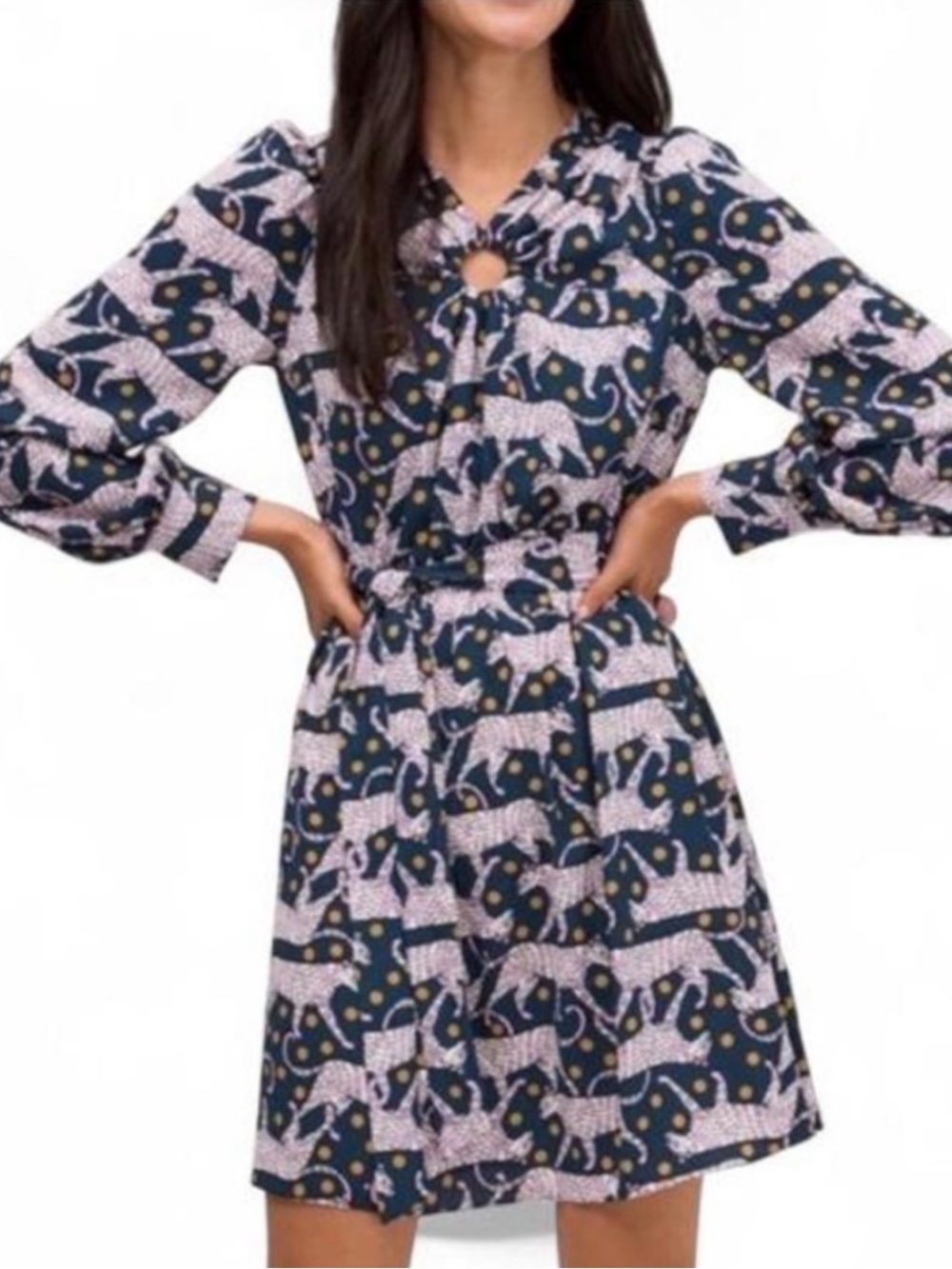 kate spade Navy Dress with Pink Leopard and Yellow Dot Print